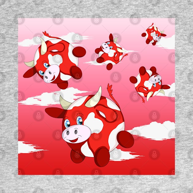 fun red bubble cows in a cloudy sky by cuisinecat